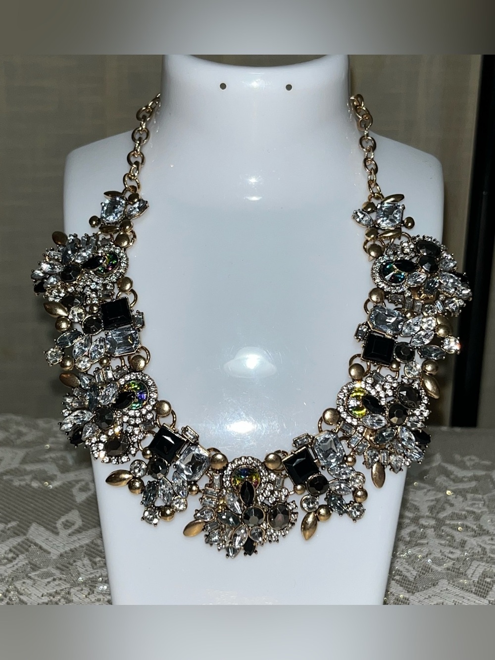 Sparkling Black & Gold Statement Necklace with Rhinestone Accents NEW